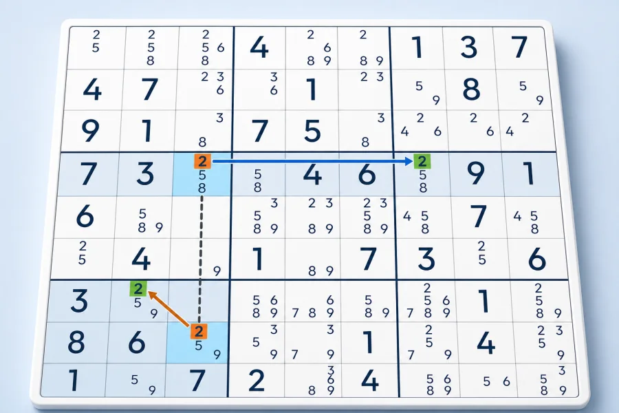 Two strong links connect four candidate 2s through a weak link in a Sudoku grid