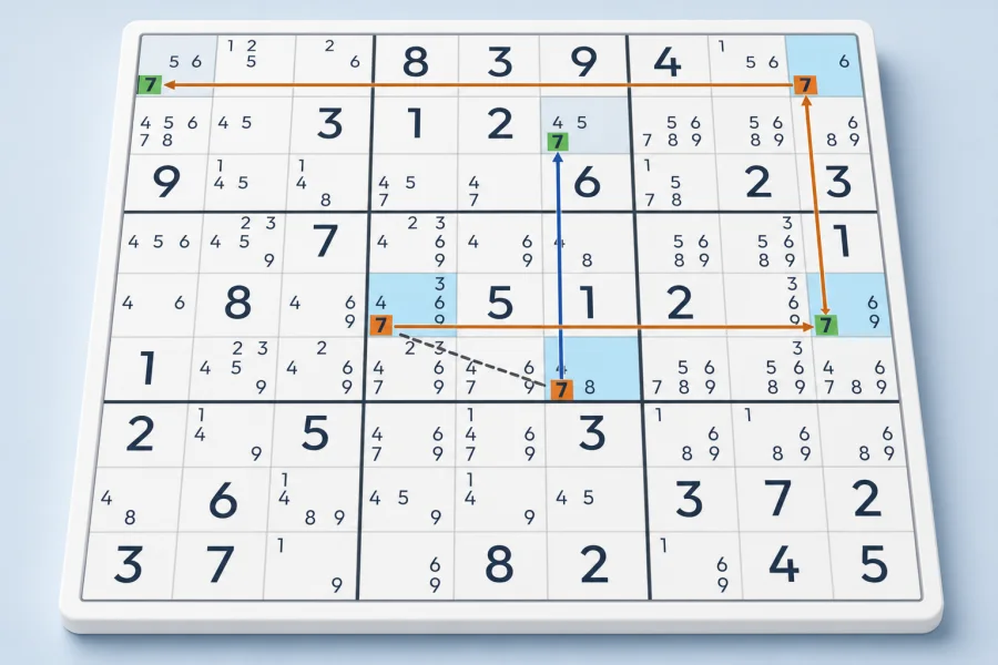 A 3-String Kite chain connects highlighted Sudoku candidates
