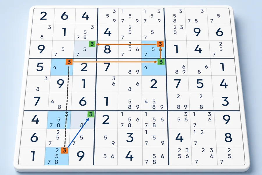 Three grouped strong links form an X-Loop through highlighted candidates
