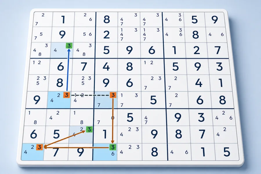 A chain of three strong links connects highlighted Sudoku candidates