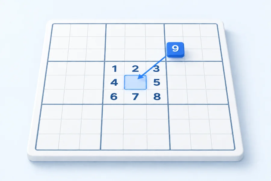 A 9 tile being placed into the only empty cell of the central Sudoku box