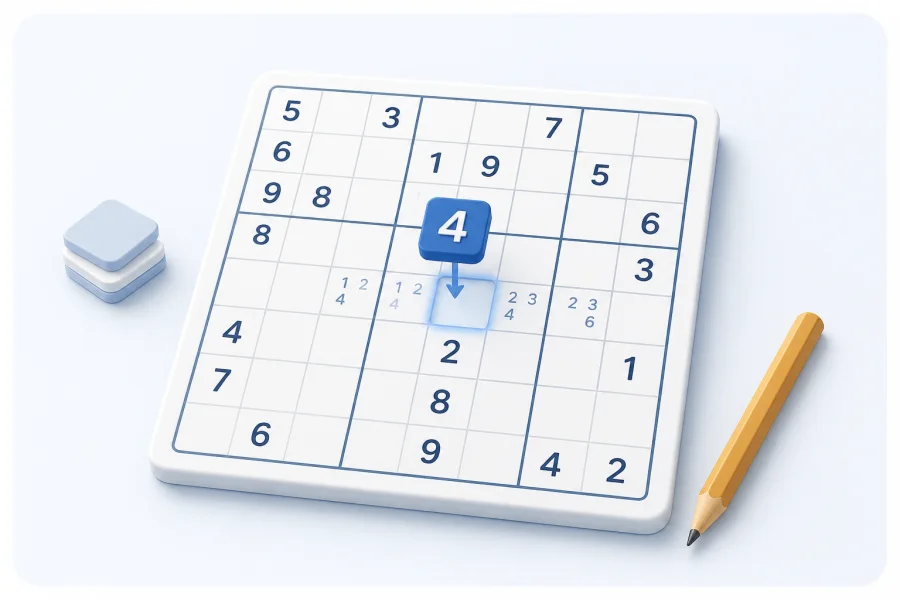Sudoku grid with a blue number tile being placed into the final cell