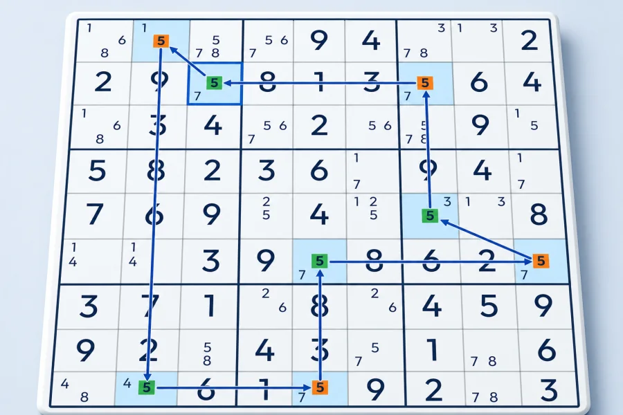 A Bidirectional X-Cycle connects highlighted candidate 5 positions
