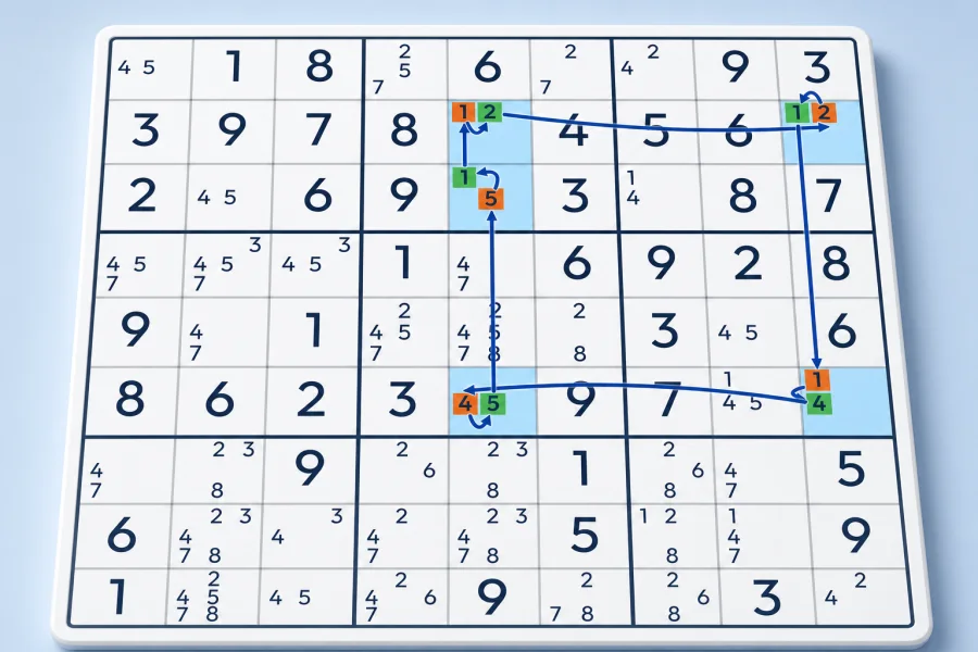 A Bidirectional Y-Cycle connects highlighted bivalue Sudoku cells