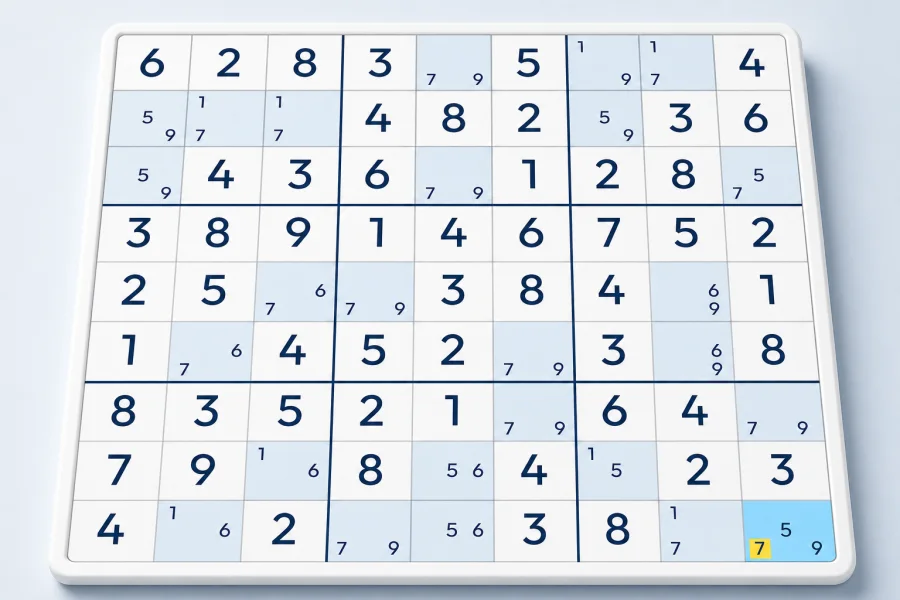 A highlighted extra candidate resolves a BUG Type 1 Sudoku pattern