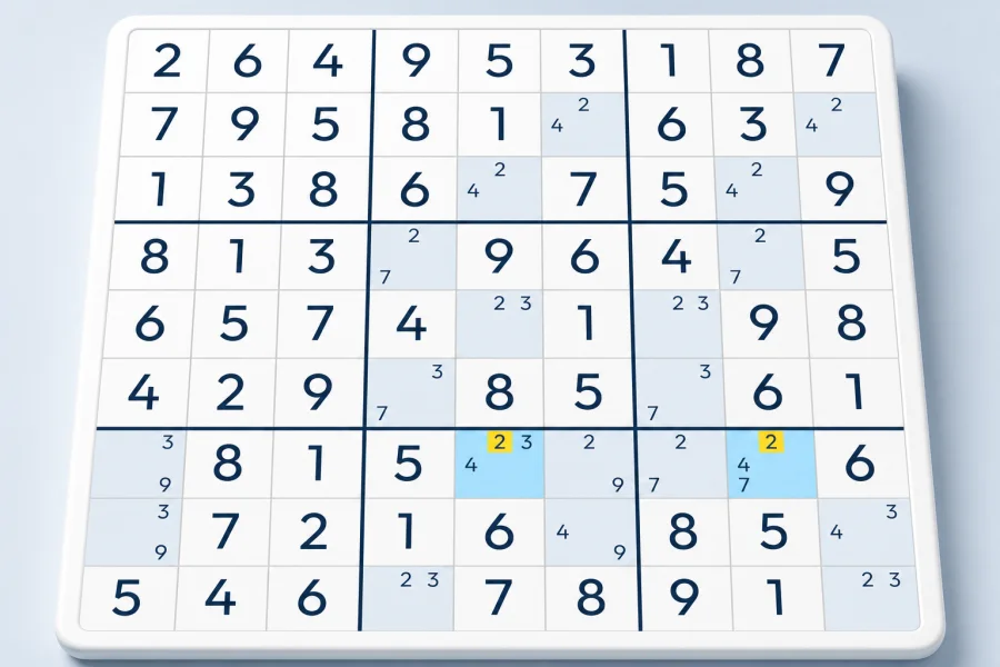 Two highlighted extra candidates form a BUG Type 2 Sudoku pattern