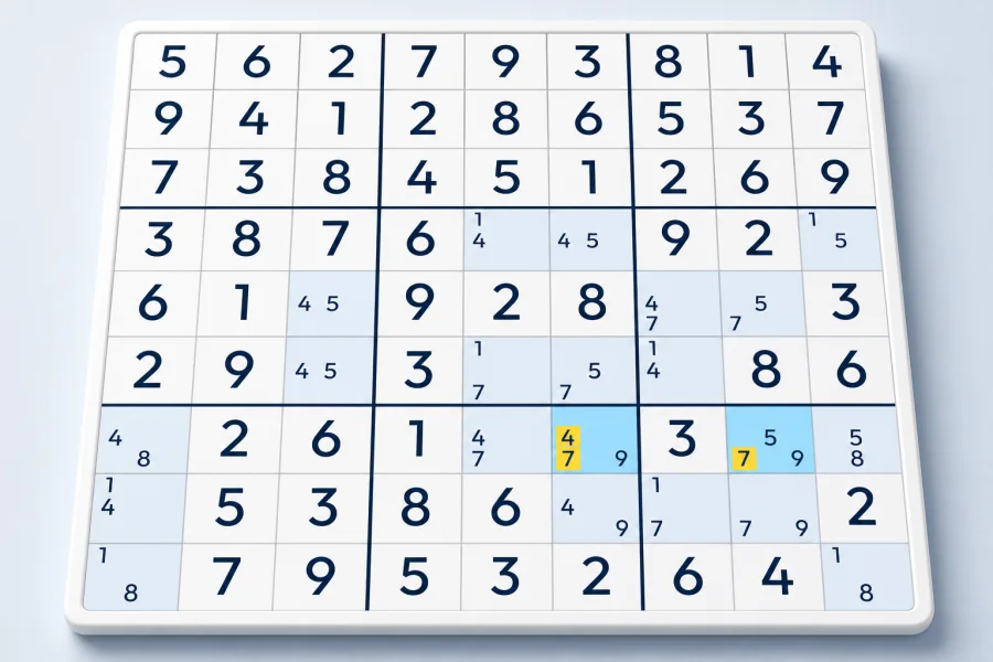 Highlighted candidates form a BUG Type 3 Sudoku pattern
