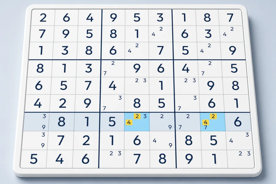 Two highlighted BUG cells lock candidates in a Sudoku row