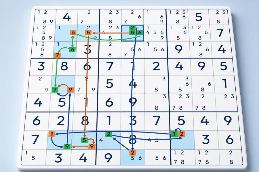 A Cell Forcing Chain branches from every candidate in one Sudoku cell