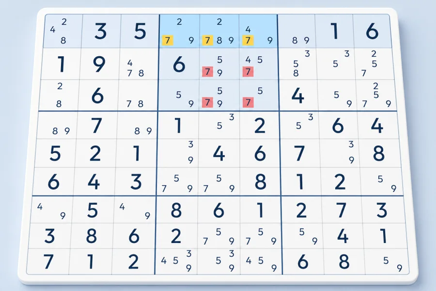 Candidate 7 confined to one Sudoku box within a row, eliminating four other candidate 7s