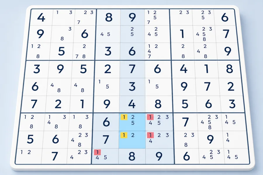 Candidate 1 confined to one Sudoku box within a column, eliminating three other candidate 1s