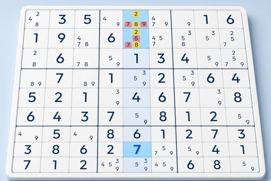 A hidden pair of candidates 2 and 8 reveals a placed 7 in the same Sudoku column
