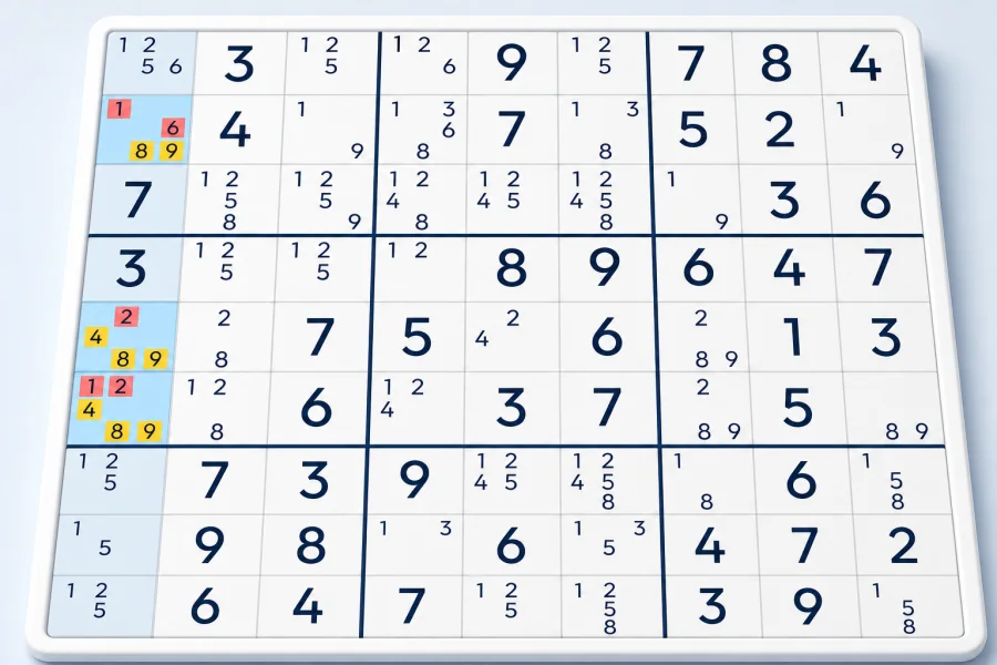 A direct hidden triplet retains candidates 4, 8 and 9 while removing surplus notes from three Sudoku cells