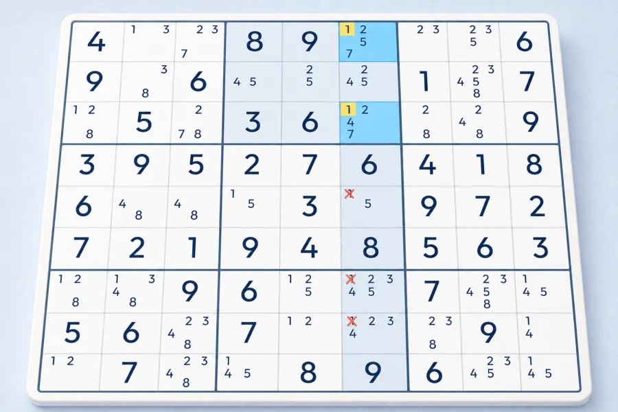 Candidate 1 confined to one Sudoku box column, eliminating three other candidate 1s