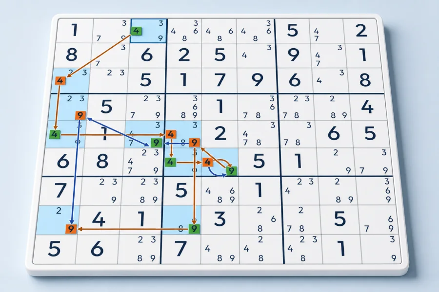 A Dynamic Forcing Chain creates new implications between highlighted candidates