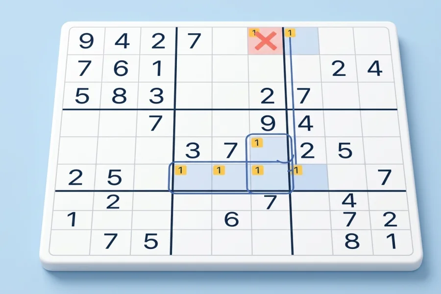 An empty-rectangle cross of candidates in a Sudoku box acting as a grouped strong link