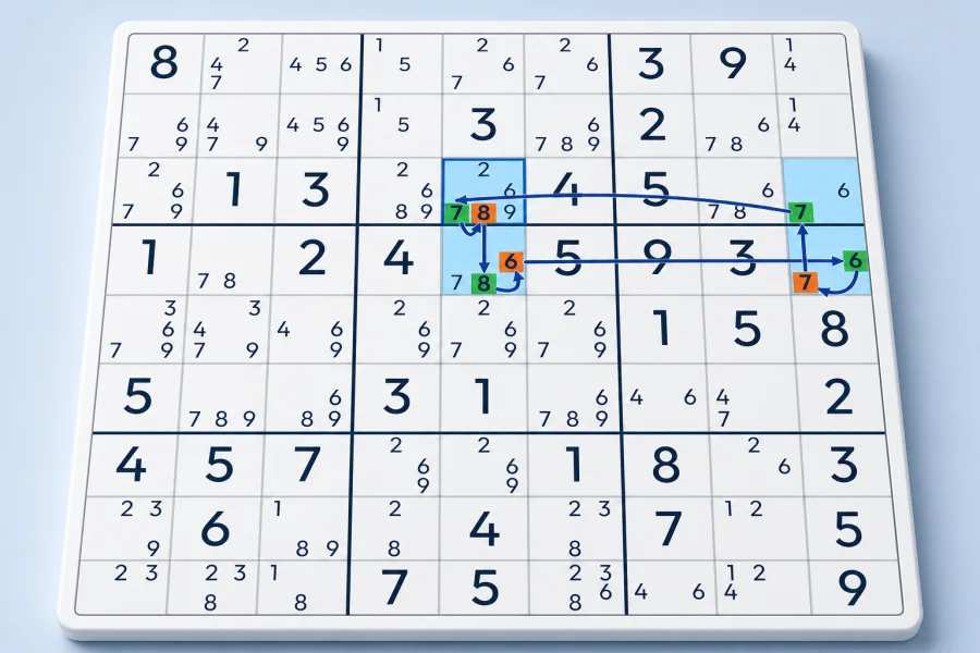 A mixed Forcing Chain connects highlighted Sudoku candidates