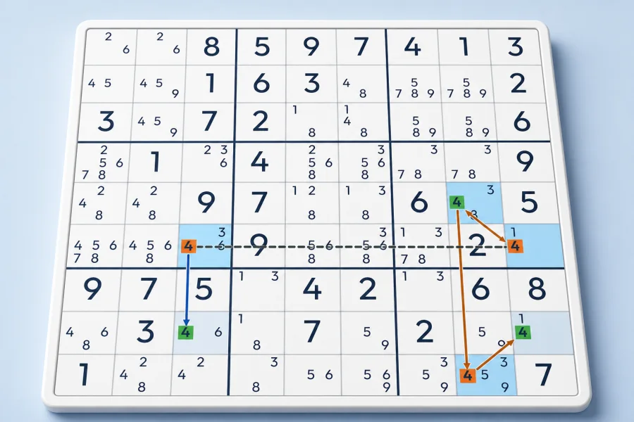 Three grouped strong links connect highlighted Sudoku candidates
