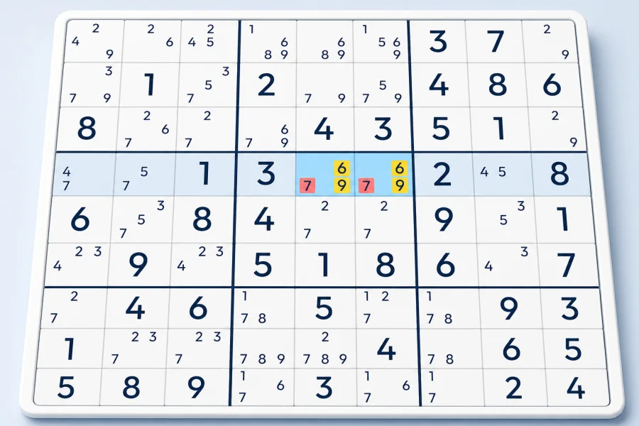 Candidates 6 and 9 form a hidden pair, removing other notes from two Sudoku cells