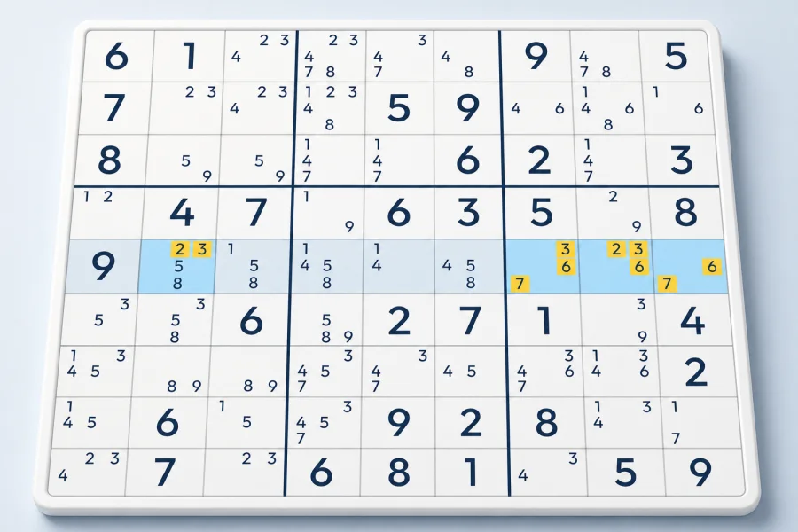 Four highlighted cells contain a Hidden Quad in a Sudoku row