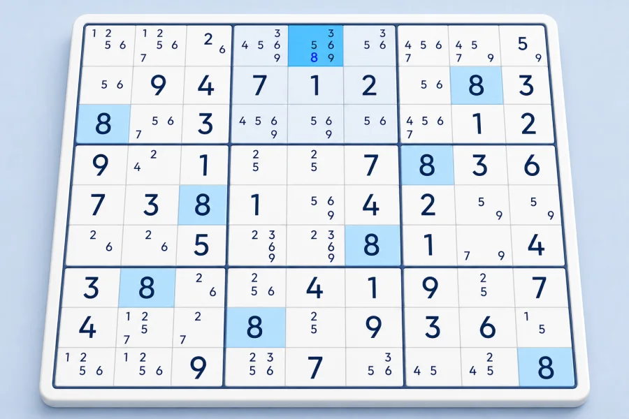 Candidate 8 highlighted as the only possible 8 in a Sudoku box