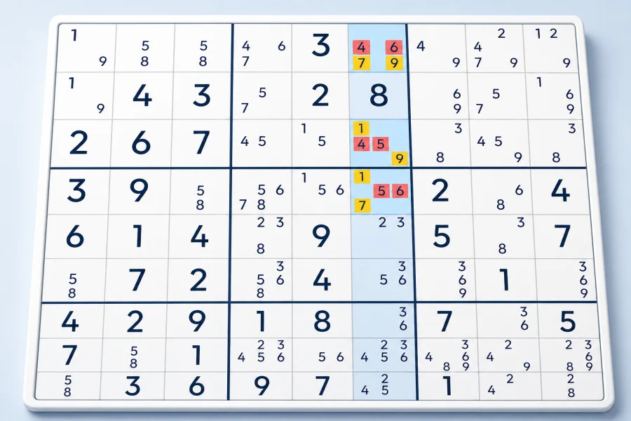 Candidates 1, 7 and 9 form a hidden triplet, removing surplus notes from three cells in a Sudoku column