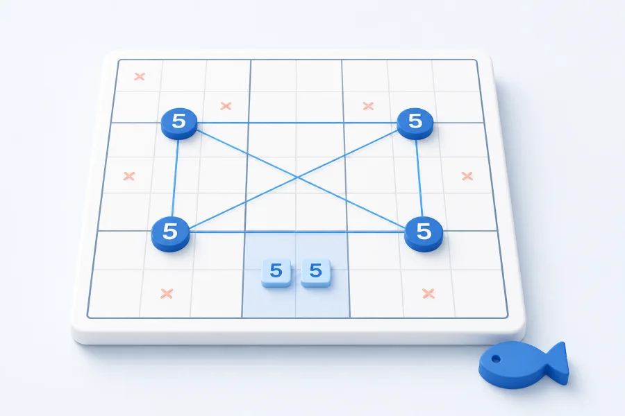 Four matching Sudoku candidates connected in a fish pattern
