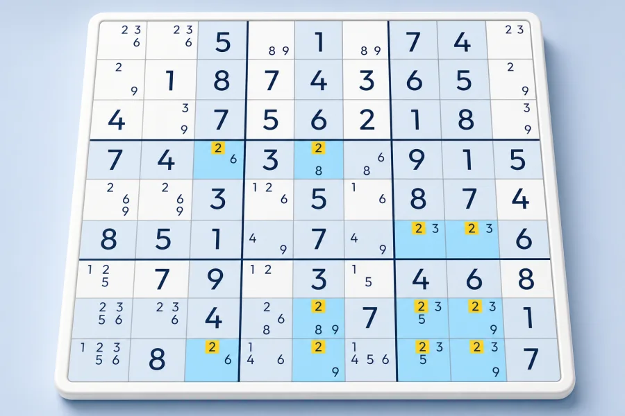 Candidate 2 forms a Jellyfish across four Sudoku rows and columns