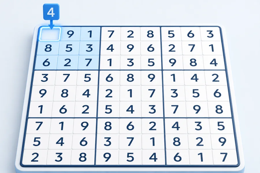 A nearly complete Sudoku box with the missing 4 entering its last free cell