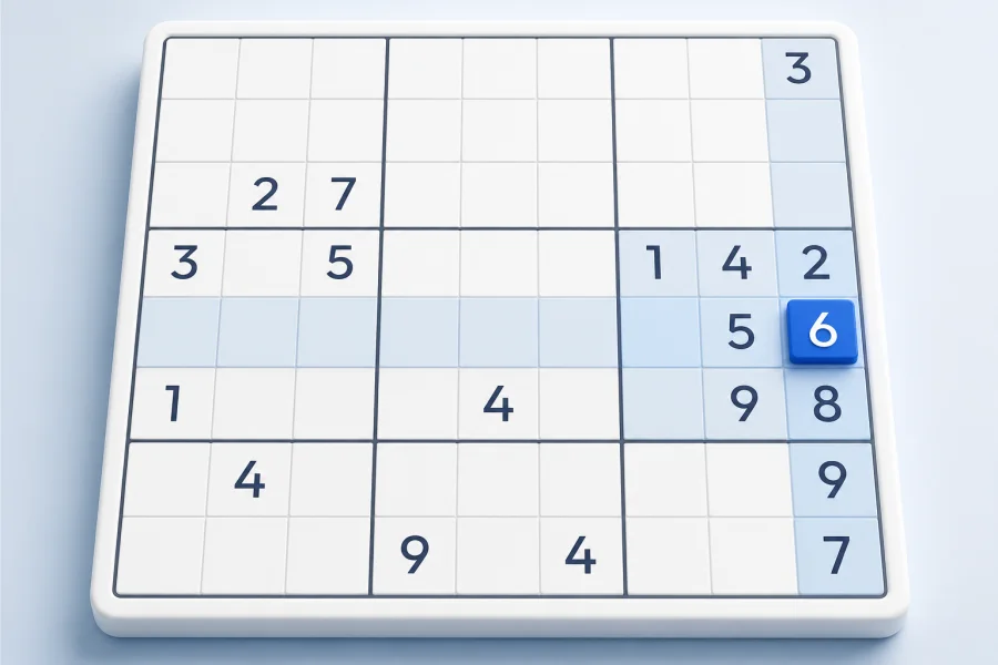 A highlighted Sudoku row, column and box converging on the number 6