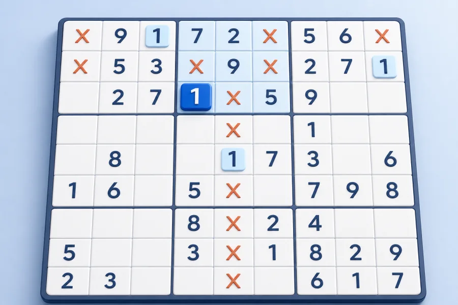 Sudoku cells ruled out until only one placement remains for the number 1