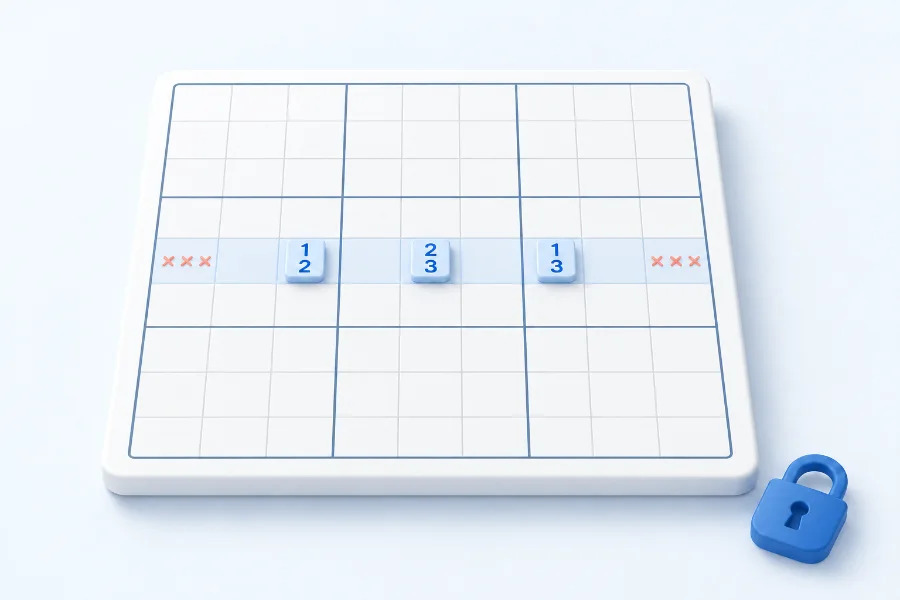 Three Sudoku cells locking candidates 1, 2 and 3 into one row