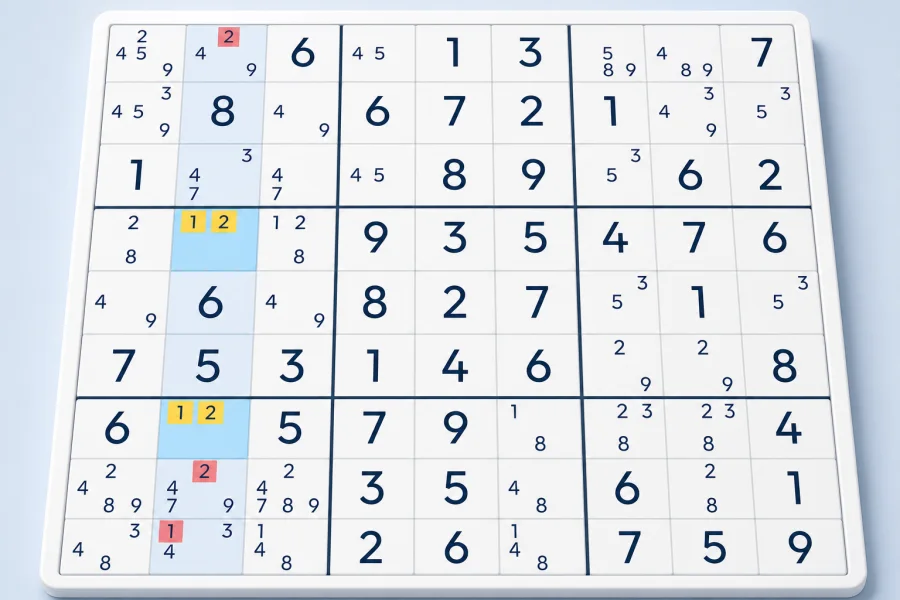 A naked pair of candidates 1 and 2 eliminates those candidates from other cells in a Sudoku column