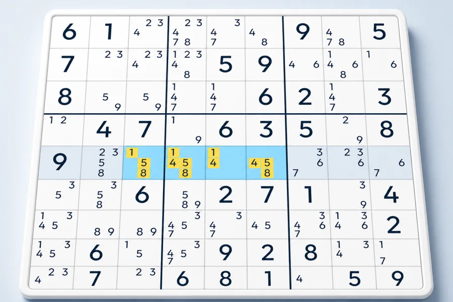 Four highlighted cells form a Naked Quad in a Sudoku row
