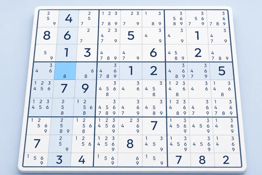 A selected Sudoku cell with only candidate 8 remaining