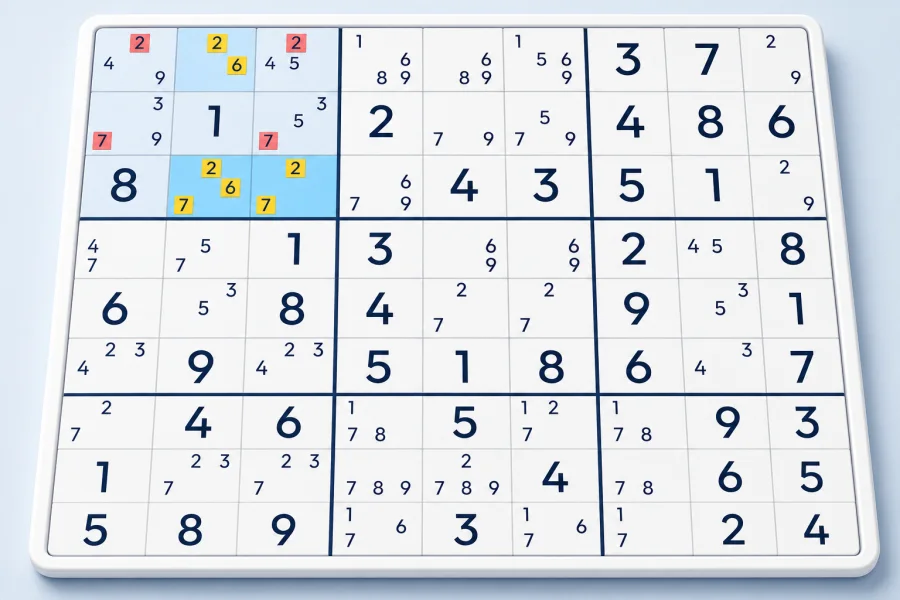 A naked triplet of candidates 2, 6 and 7 eliminates those candidates from other cells in a Sudoku box