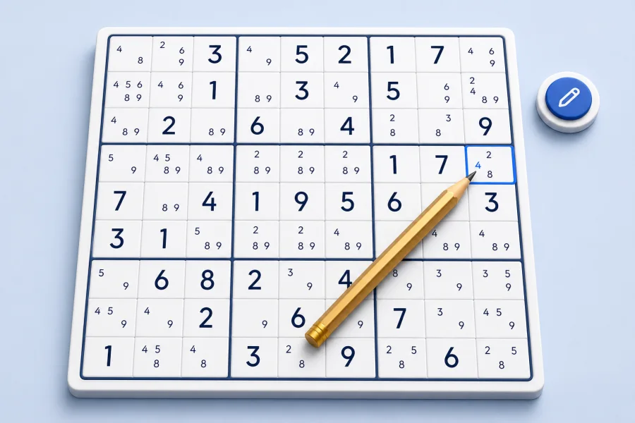 A pencil entering candidate 4 among the small notes in a selected Sudoku cell