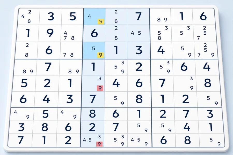 Candidate 9 confined to one Sudoku box column, eliminating two other candidate 9s