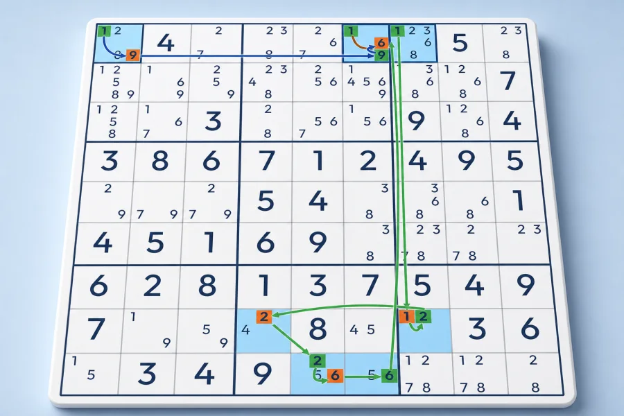 A Region Forcing Chain branches from candidate positions in a Sudoku house