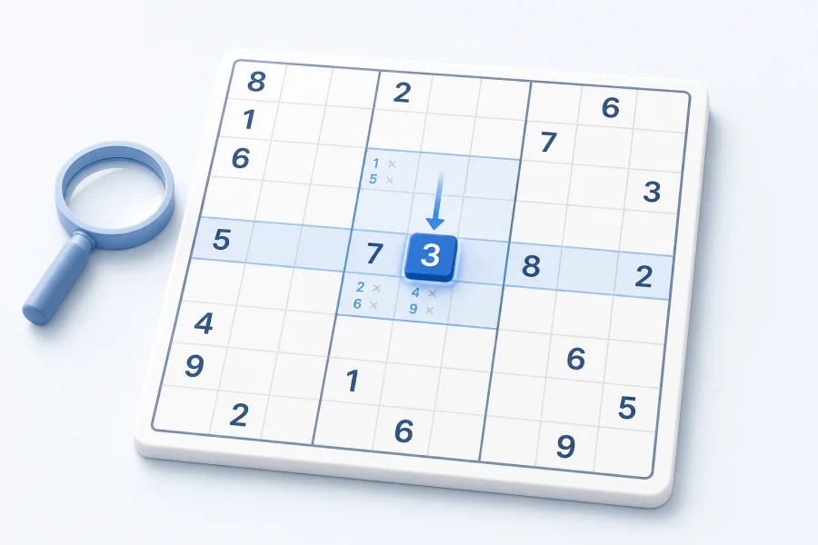 Highlighted Sudoku row and box narrowing the choices to one number