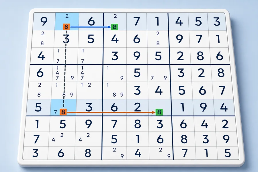 A Skyscraper pattern links four candidate 8s across two Sudoku rows