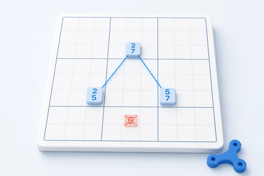 Three Sudoku candidate pairs joined in a wing pattern