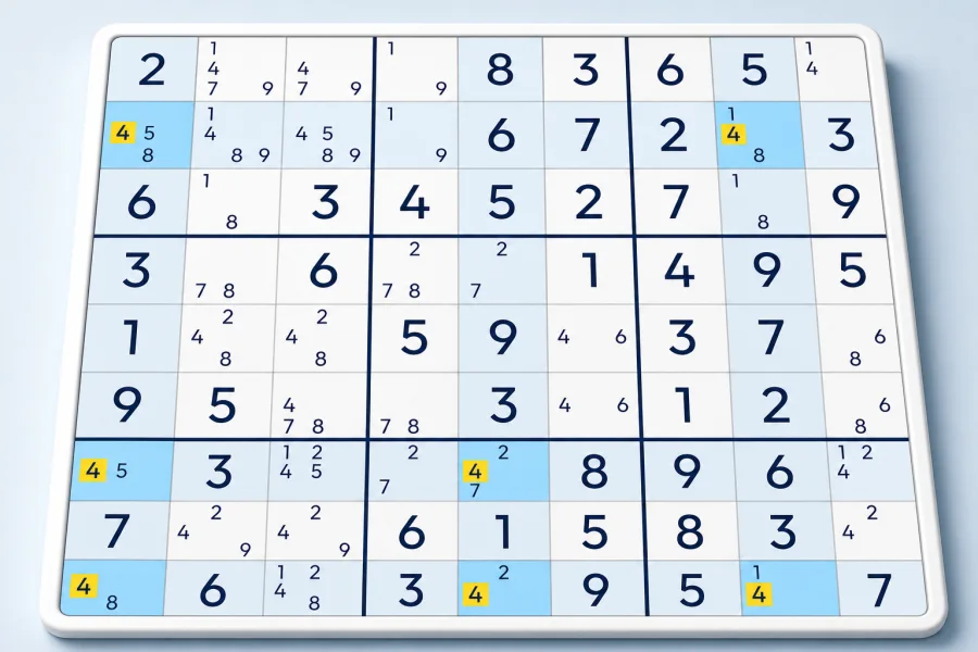 Seven candidate 4s form a Swordfish across three rows and three columns in a Sudoku grid