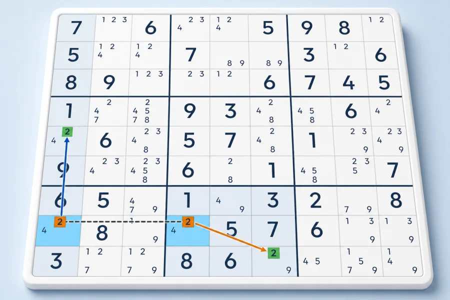 A Turbot Fish chain connects four candidate 2s through a Sudoku column and box