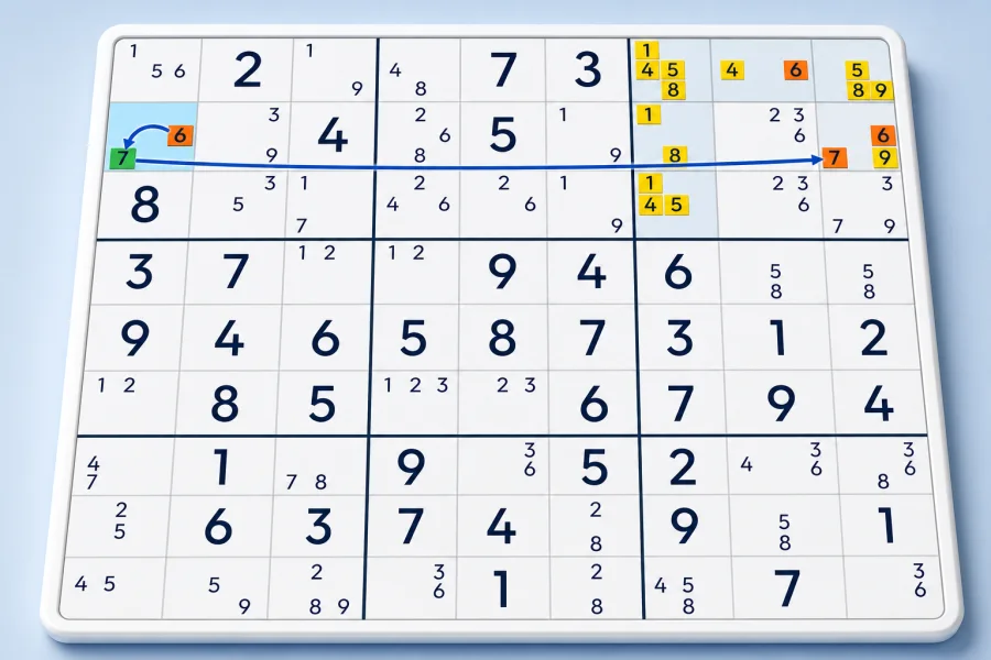 A TUVWXYZ-Wing links seven highlighted Sudoku cells
