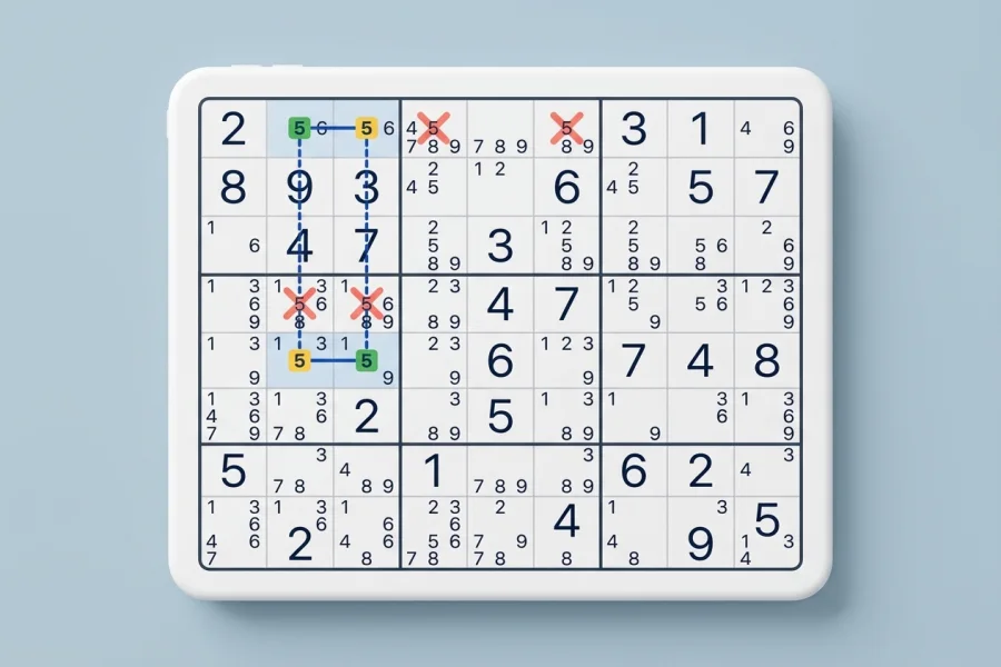 A two-node same-digit AIC ring — the X-Wing loop — in a Sudoku grid