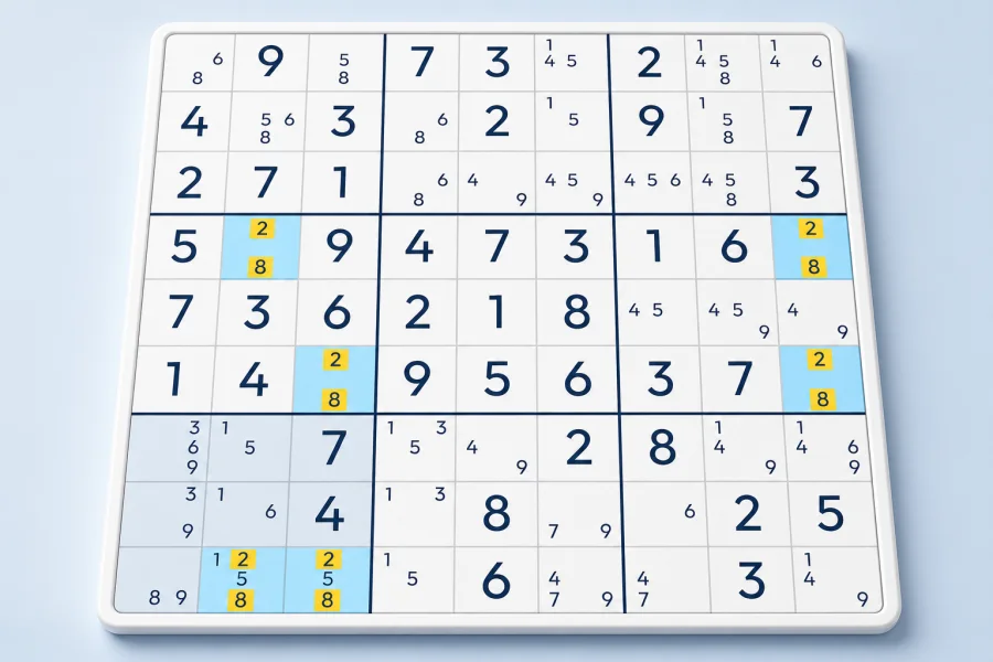 A Unique Loop Type 4 pattern using candidates 2 and 8 across six Sudoku cells
