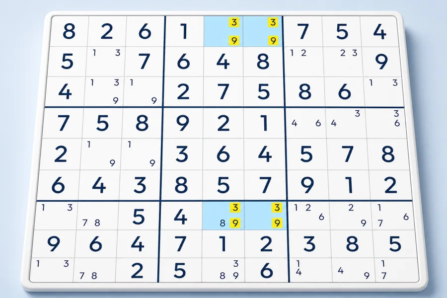 A Unique Rectangle Type 1 pattern using candidates 3 and 9 in four Sudoku cells