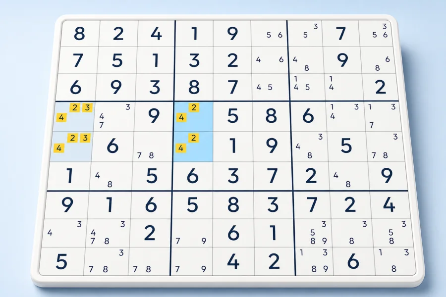 A Unique Rectangle Type 2 pattern using candidates 2 and 4 with shared extra candidate 3