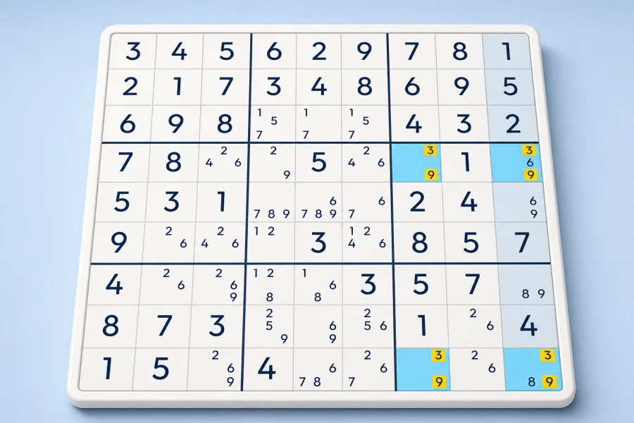 A Unique Rectangle Type 4 pattern using candidates 3 and 9 in four Sudoku cells